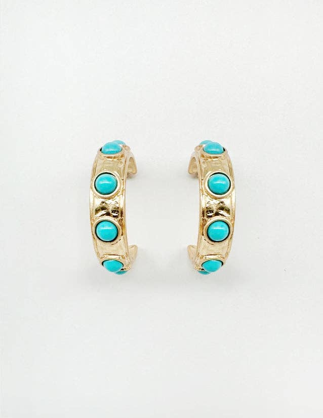 Gold Hoop with Turquoise Studded Accents 1.5" Earring