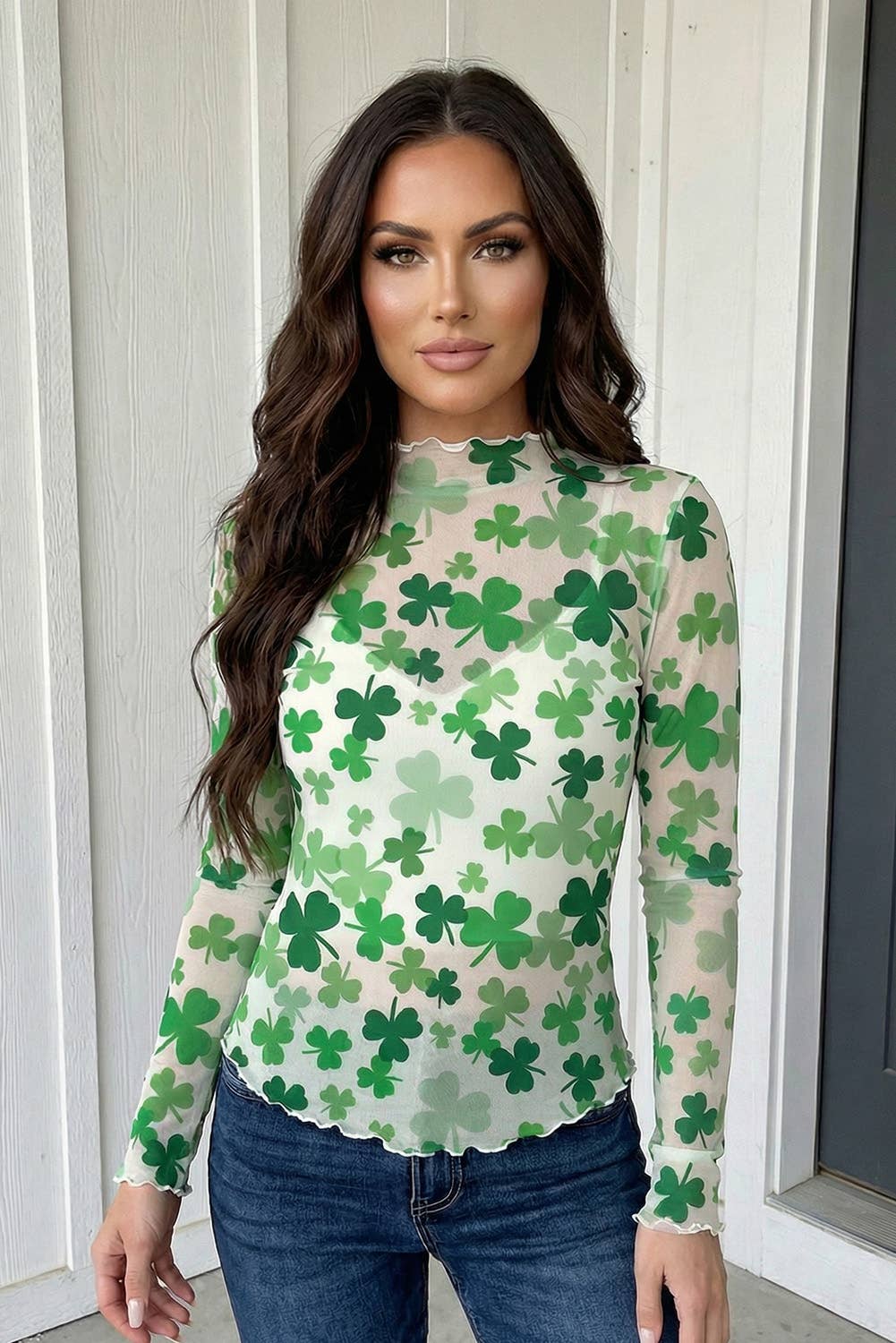 Shamrock Lettuce Trim Mesh Long Sleeve Top