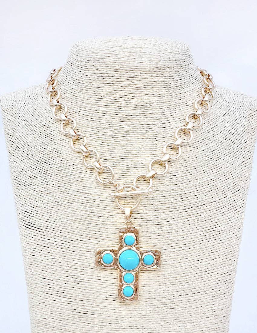 What's Hot - Gold Circle Chain with 1.75" Cross with Turqouise Accents 18" Necklace