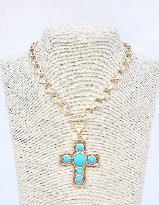 What's Hot - Gold Circle Chain with 1.75" Cross with Turqouise Accents 18" Necklace