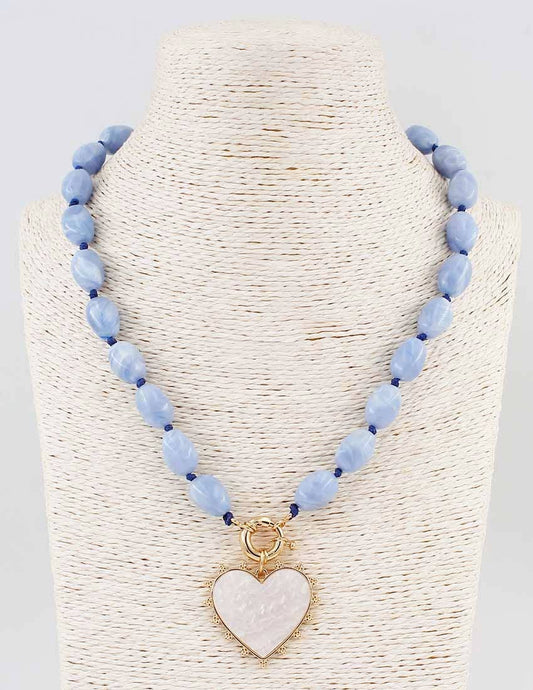 What's Hot - Blue Beaded with Pearlized Heart 16"-18" Necklace