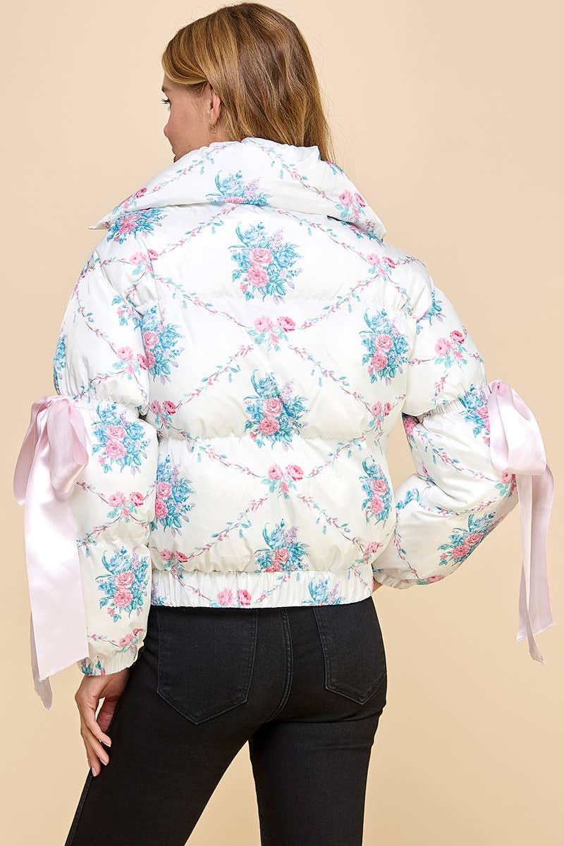 Floral Print Bow Knot Elbow String Puffer Jacket