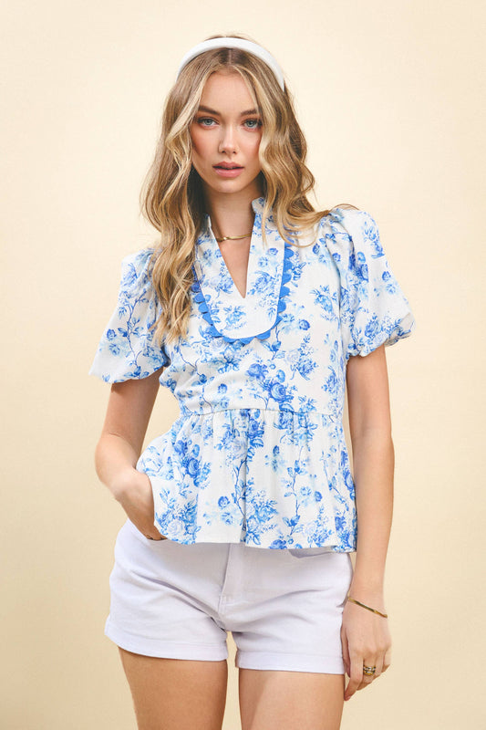 Floral Printed Bubble Sleeves Peplum Top