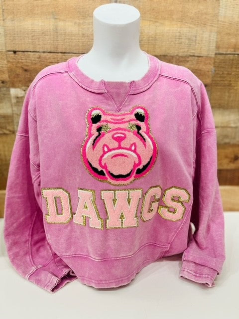 Custom Acid Wash Cropped Bulldog Chenille Patch Sweatshirt