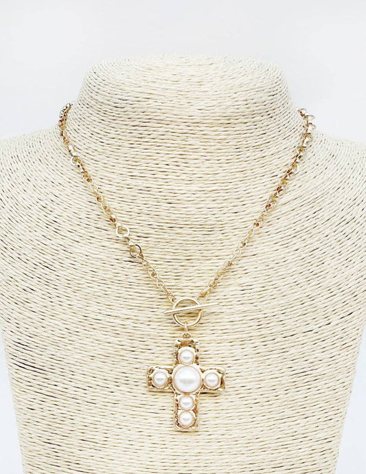 Gold Open Chain with Toggle and Pearl Studded Cross 18" Necklace