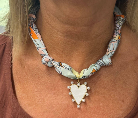 Mint and Pink Knotted Scarf Necklace with Pearlized Heart Charm