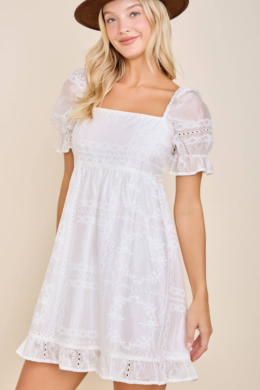 Eyelet Embroidered Puff Sleeve Babydoll Dress