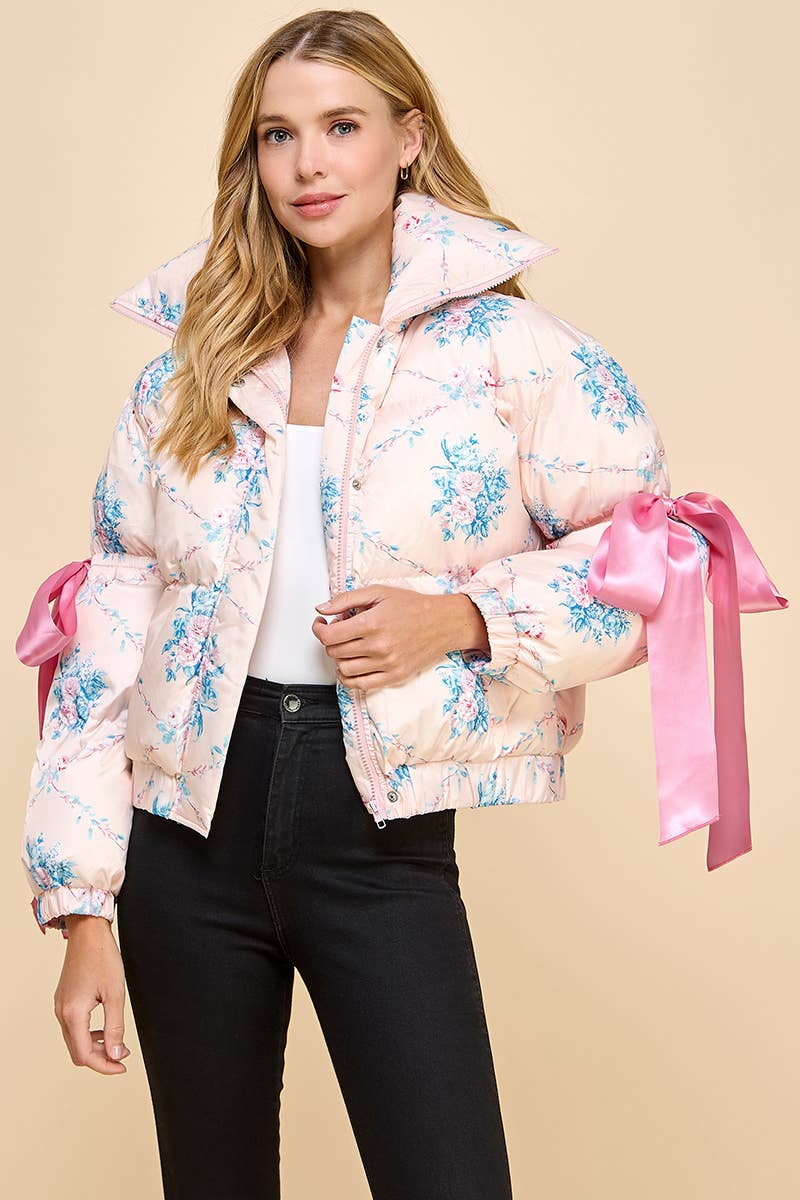 Floral Print Bow Knot Elbow String Puffer Jacket