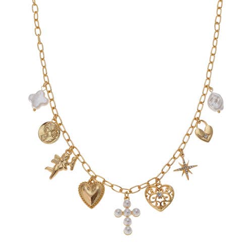 What's Hot - Gold Chain with Pearl Cross, Hearts, and Starburst Charm 16"-18" Necklace