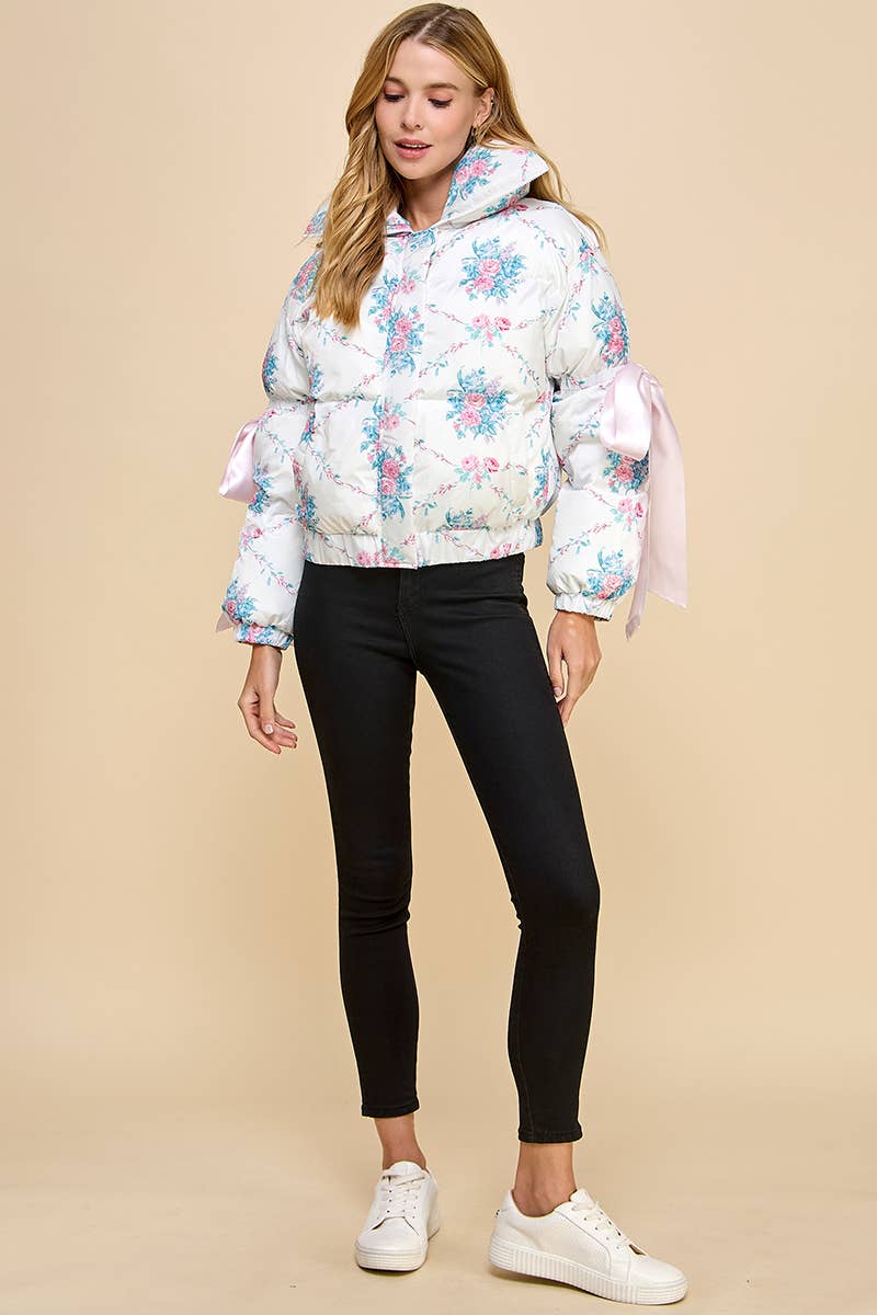 Floral Print Bow Knot Elbow String Puffer Jacket