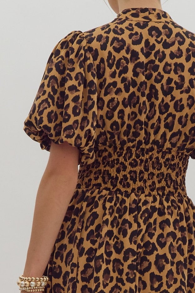 Entro Leopard Print Short Puff Sleeve V-neck Midi dress