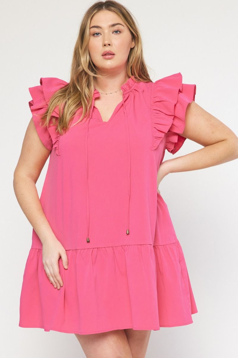 Hot Pink Ruffle Sleeve Drop Waist Dress