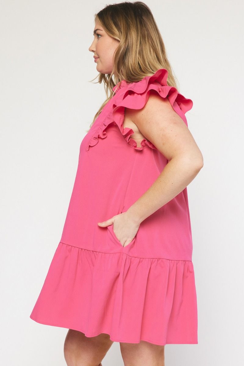 Hot Pink Ruffle Sleeve Drop Waist Dress