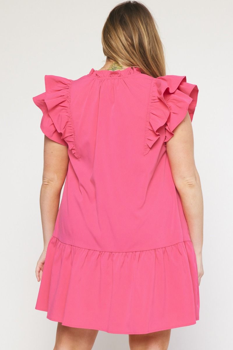 Hot Pink Ruffle Sleeve Drop Waist Dress