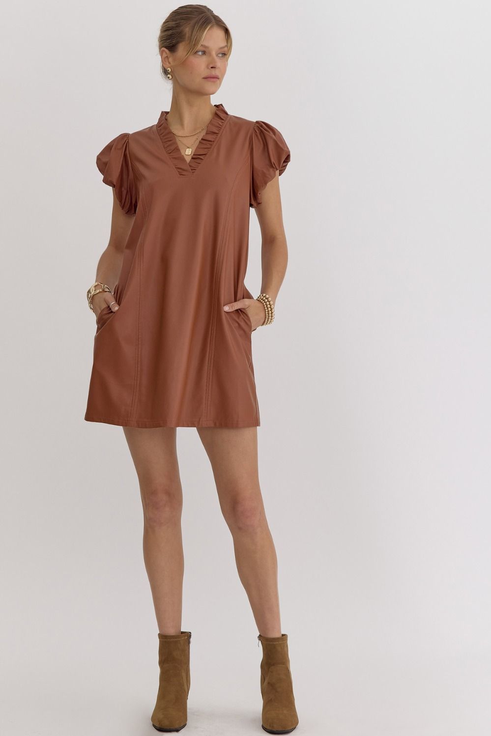 FAUX Leather V-Neck Mini Dress