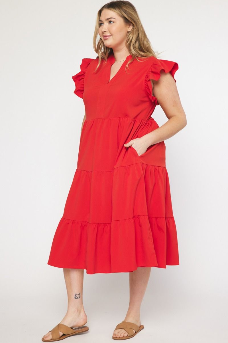 TIERED FLUTTER SLEEVE MIDI DRESS Pink / Red