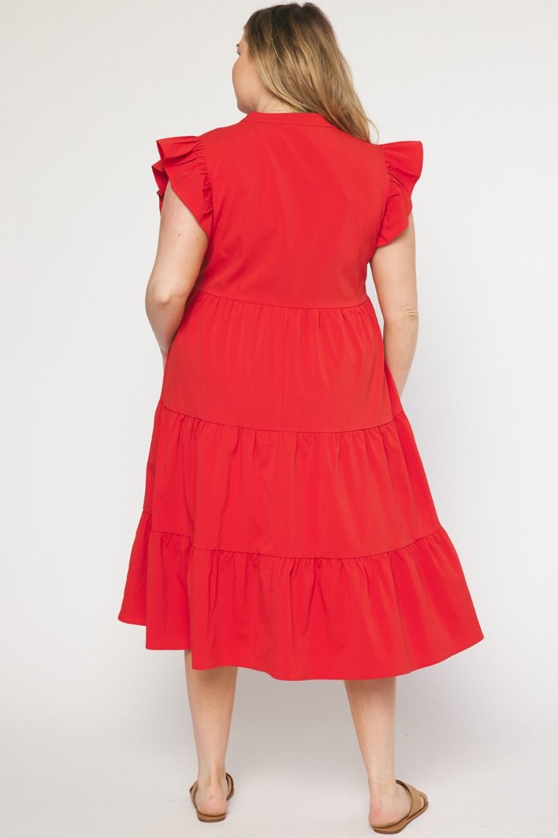 TIERED FLUTTER SLEEVE MIDI DRESS Pink / Red