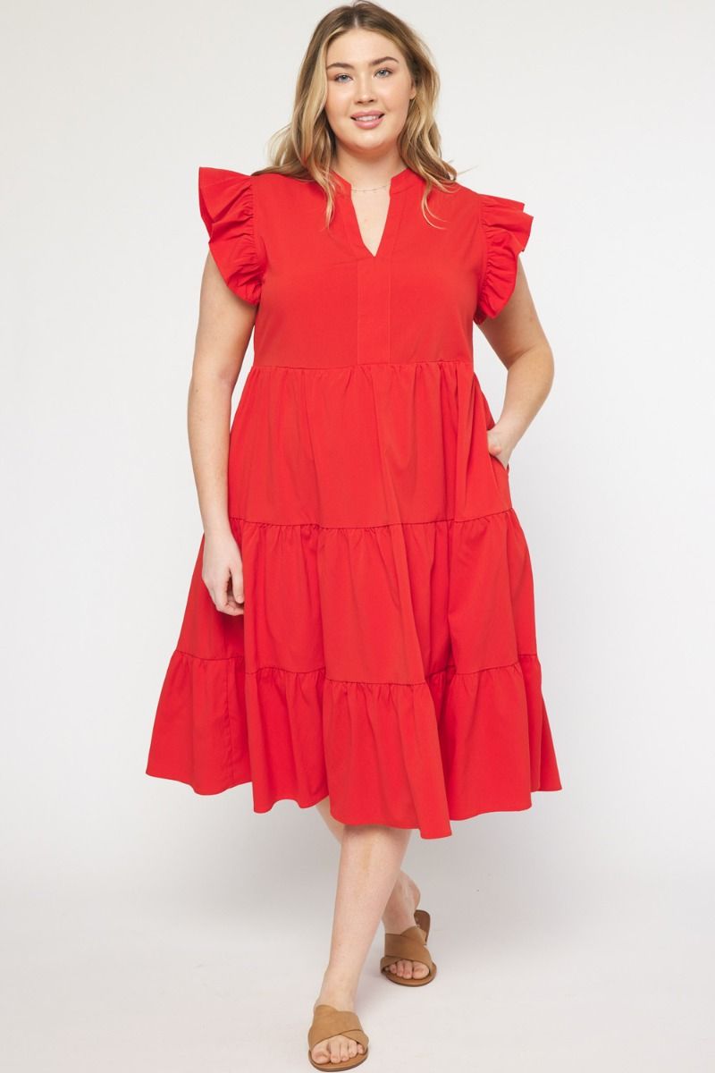 TIERED FLUTTER SLEEVE MIDI DRESS Pink / Red