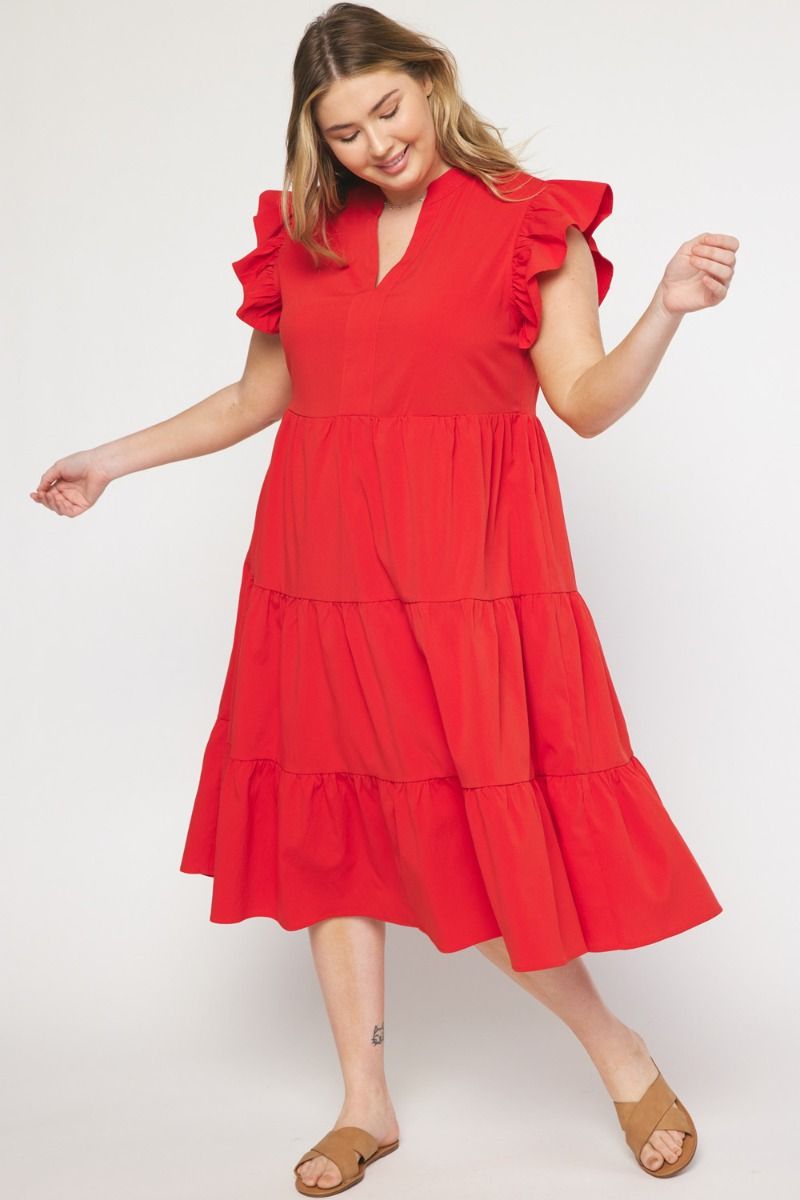 TIERED FLUTTER SLEEVE MIDI DRESS Pink / Red