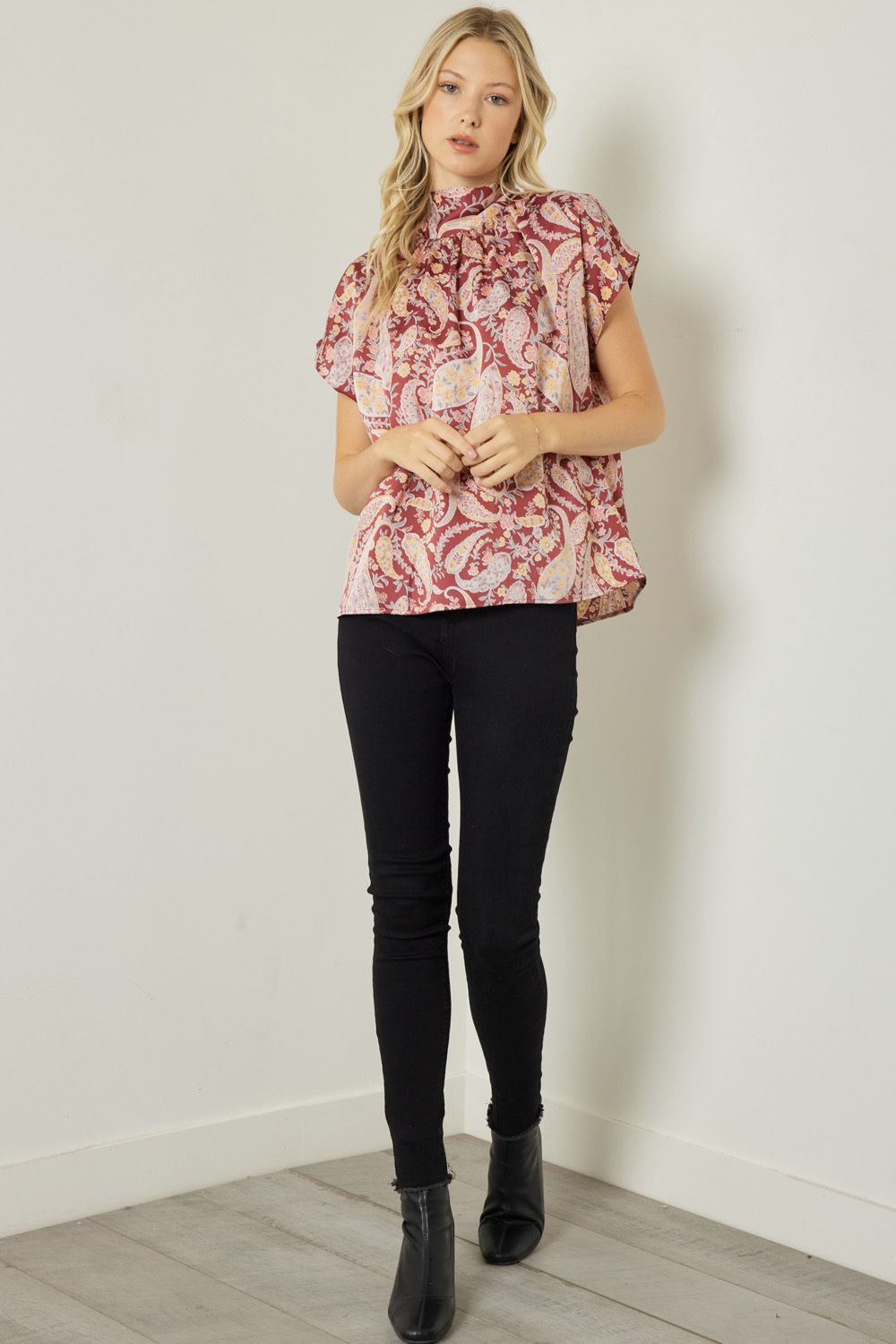 Satin paisley print mock neck short sleeve top