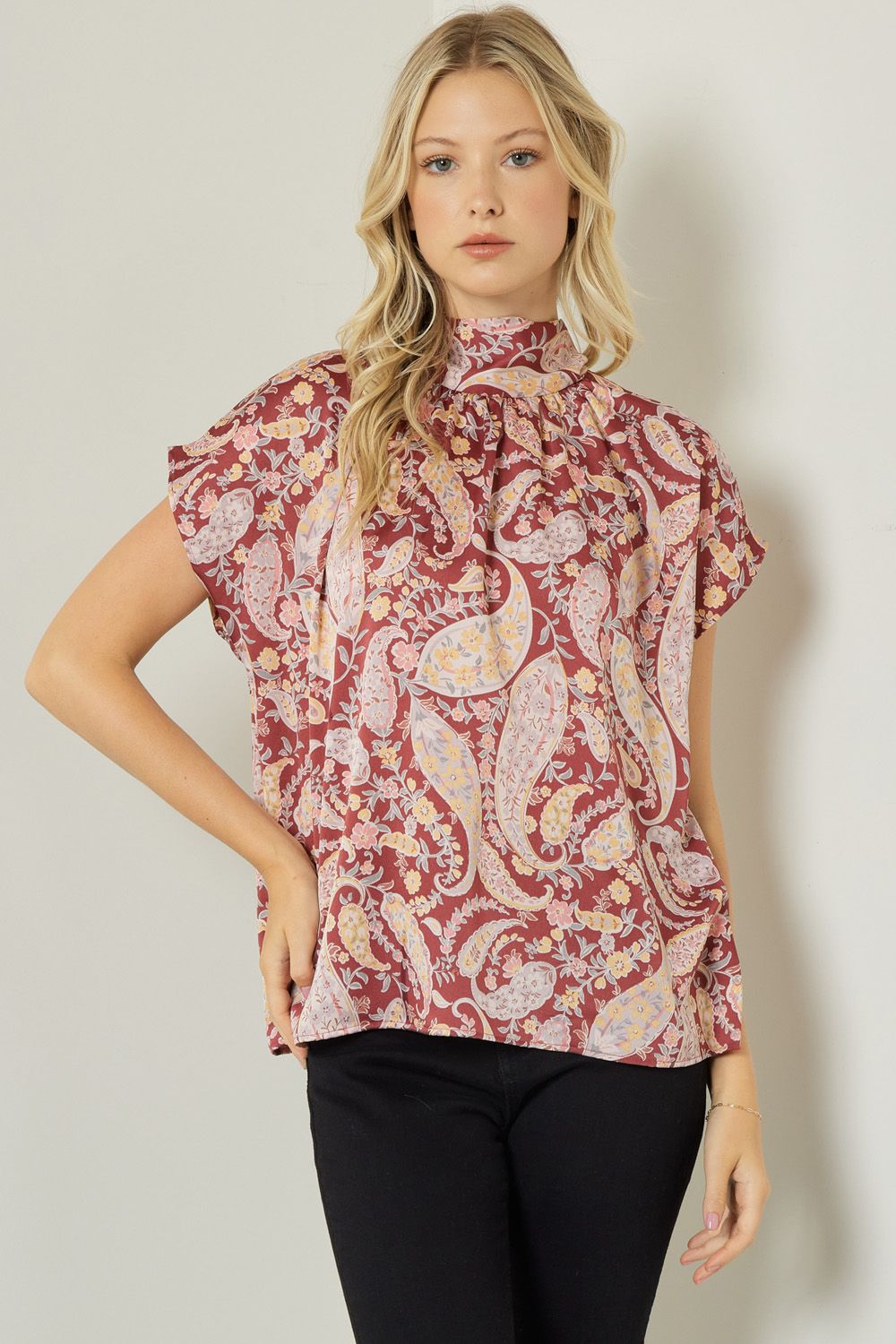 Satin paisley print mock neck short sleeve top