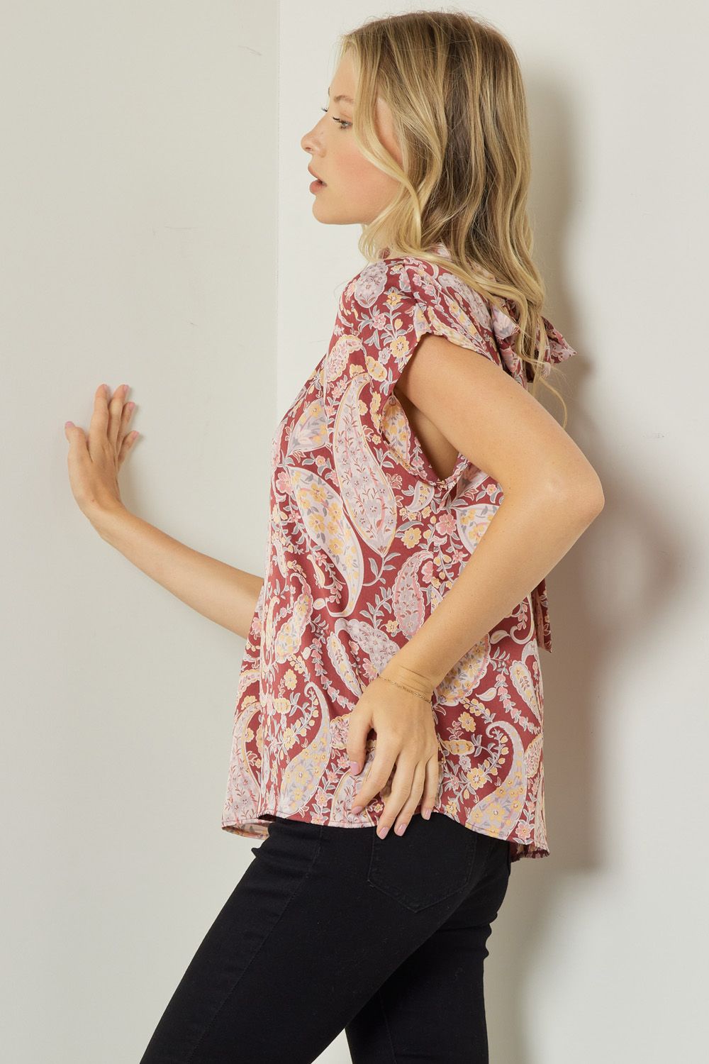 Satin paisley print mock neck short sleeve top