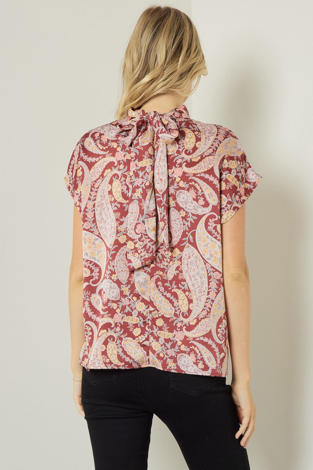 Satin paisley print mock neck short sleeve top