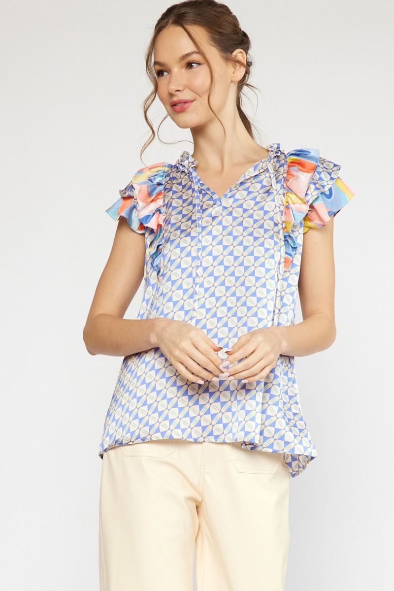 Satin print v-neck ruffle sleeve top