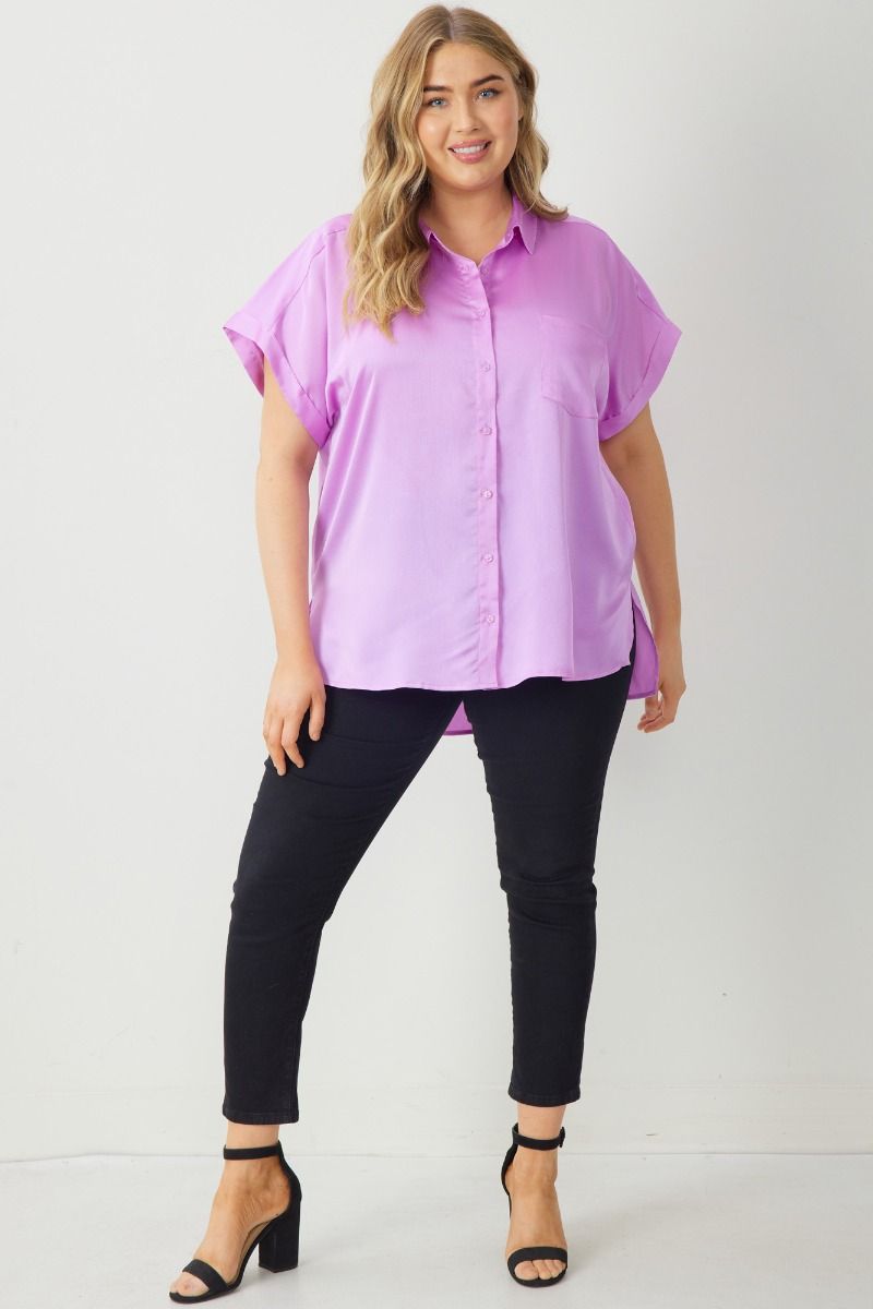 Lavender Satin Button Down Top-Plus