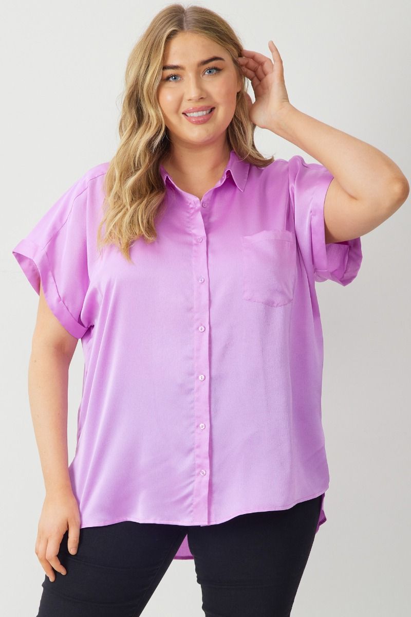 Lavender Satin Button Down Top-Plus