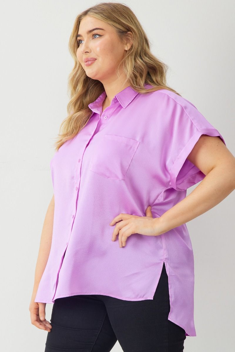 Lavender Satin Button Down Top-Plus