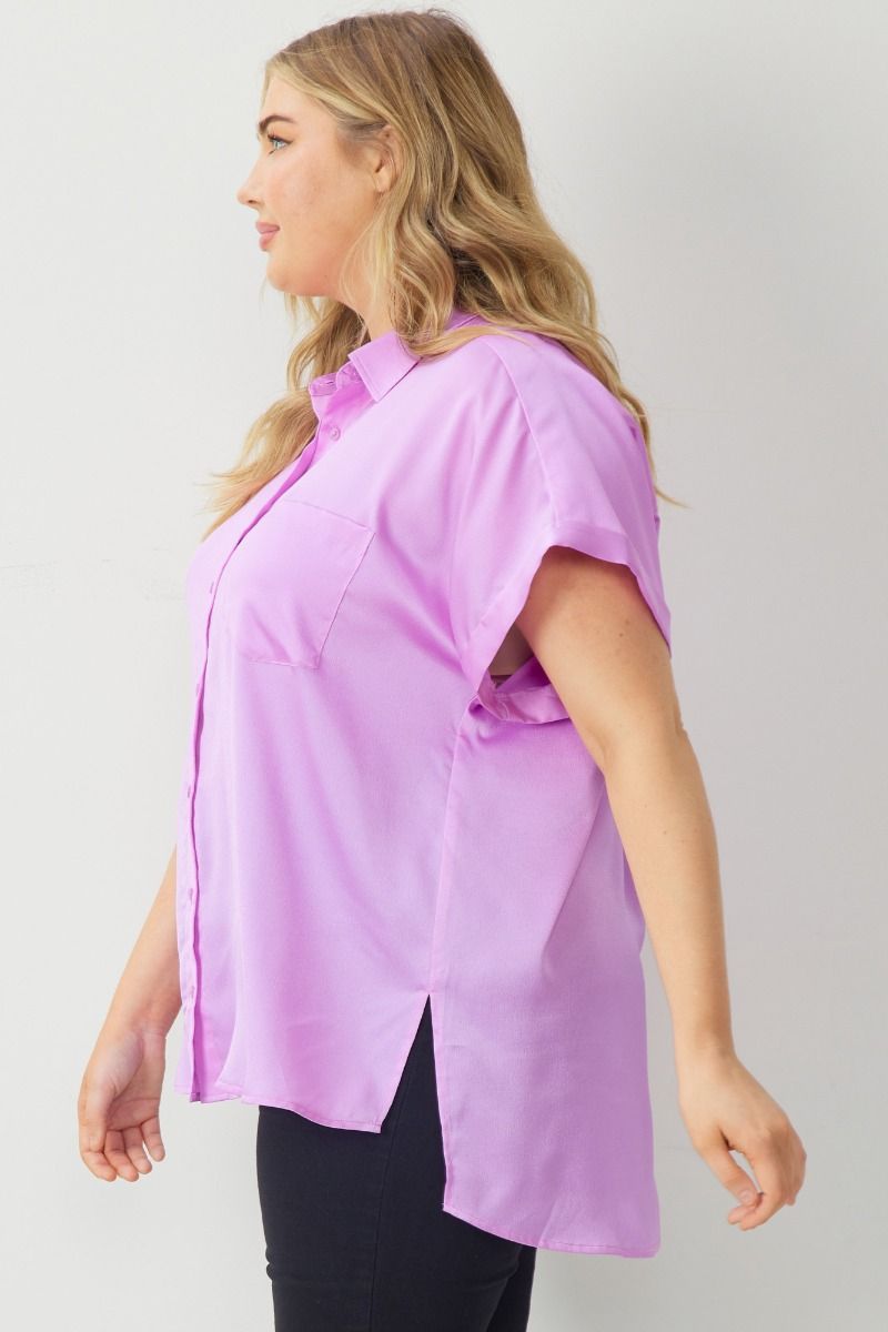 Lavender Satin Button Down Top-Plus