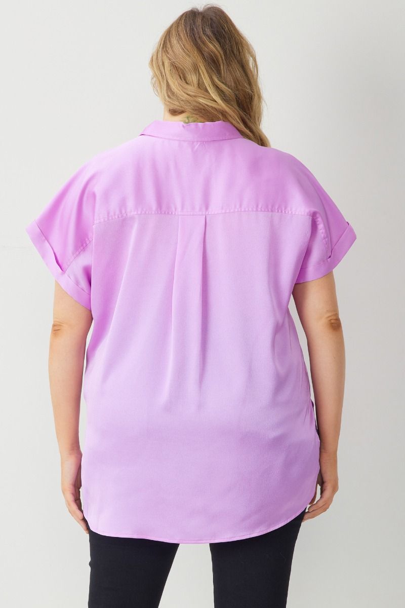 Lavender Satin Button Down Top-Plus