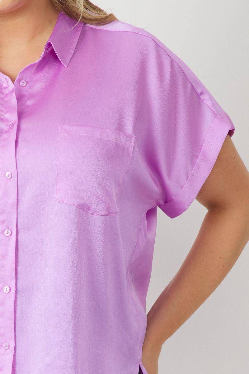 Lavender Satin Button Down Top-Plus