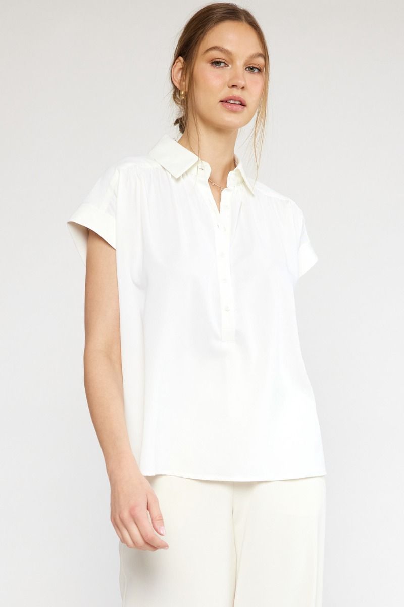 Short Sleeved Collared Top-Off White