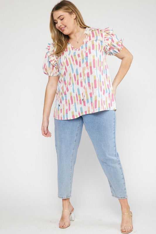 V-Neck Ruffle Sleeve Abstract Plus Top