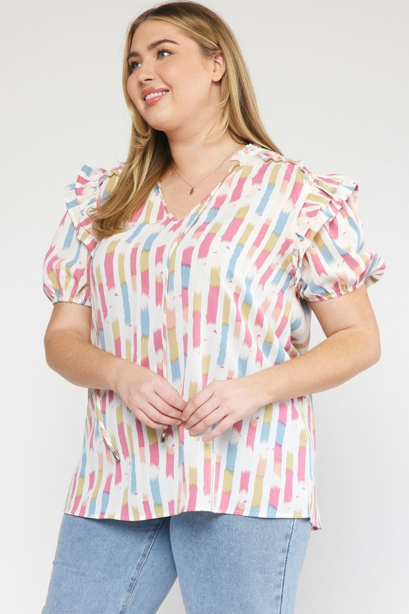 V-Neck Ruffle Sleeve Abstract Plus Top