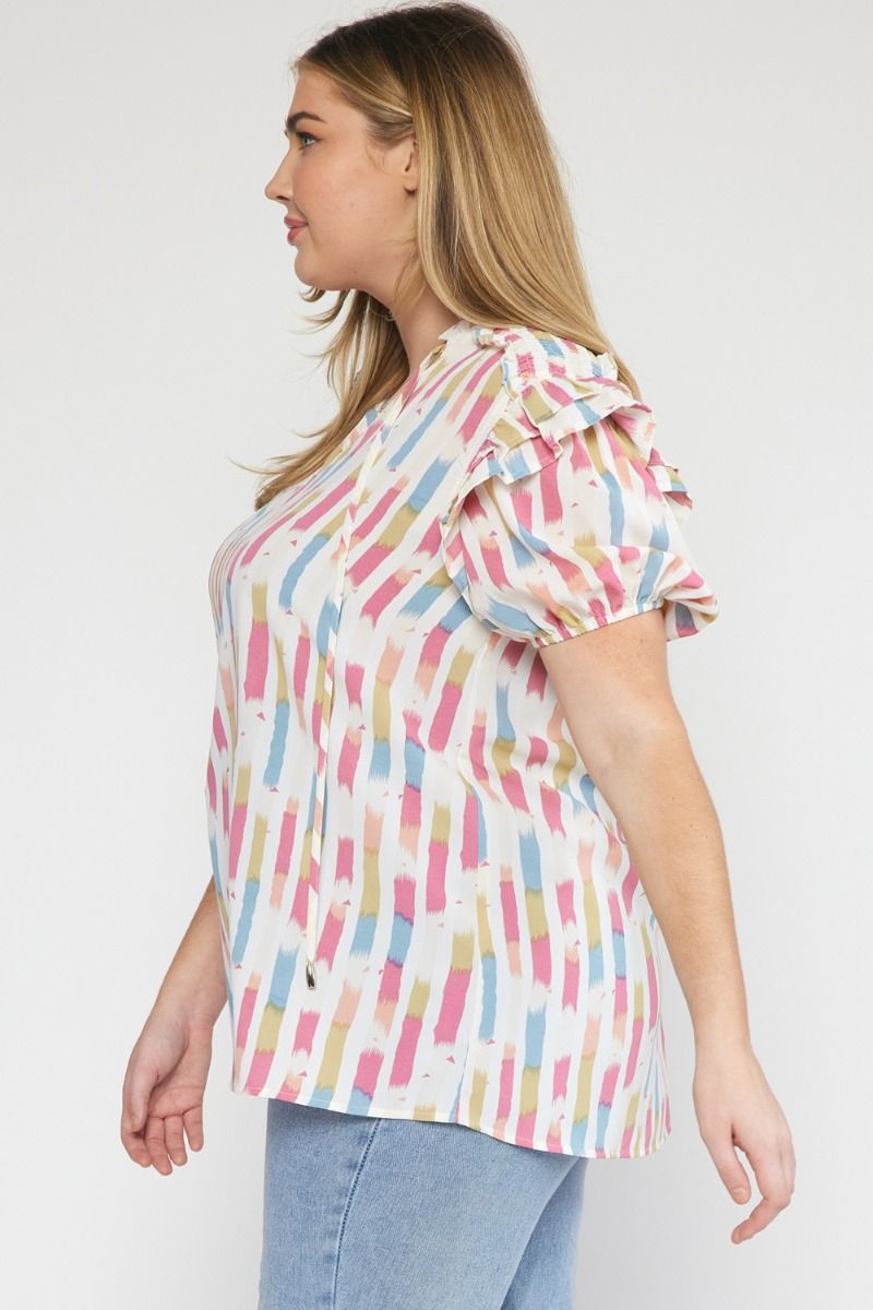 V-Neck Ruffle Sleeve Abstract Plus Top