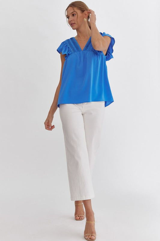 Blue V-Neck Sleeveless Flutter Top