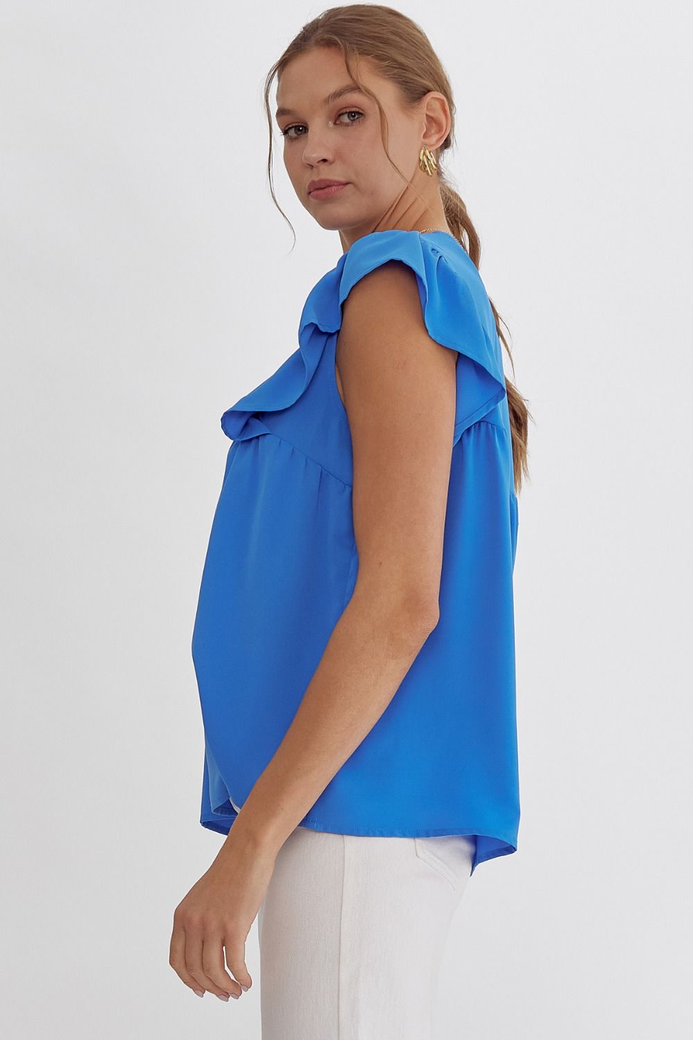 Blue V-Neck Sleeveless Flutter Top