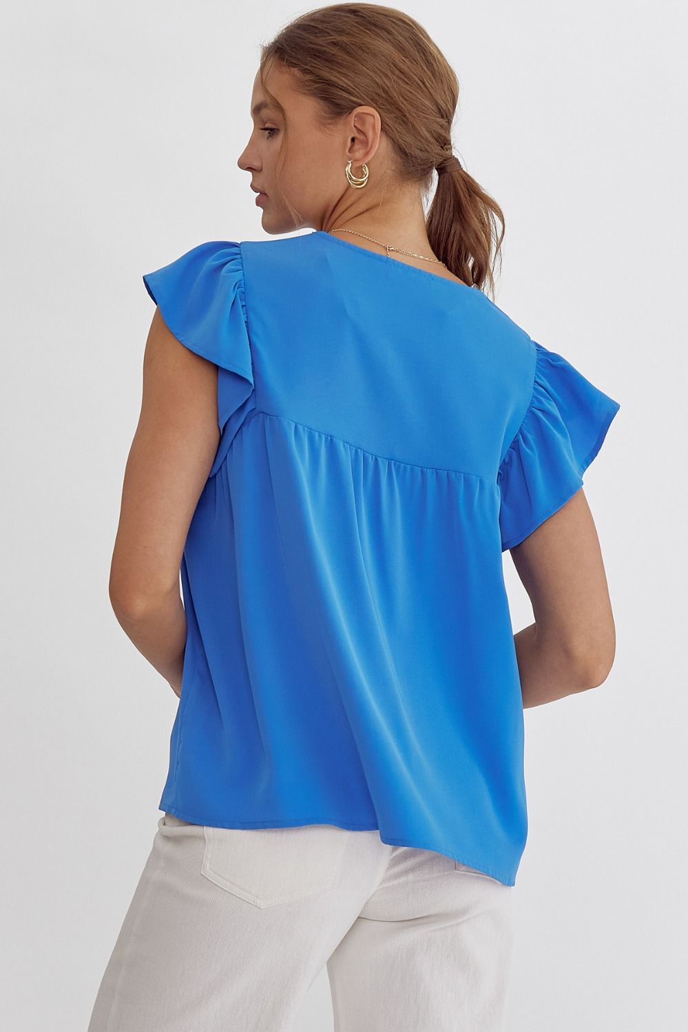 Blue V-Neck Sleeveless Flutter Top