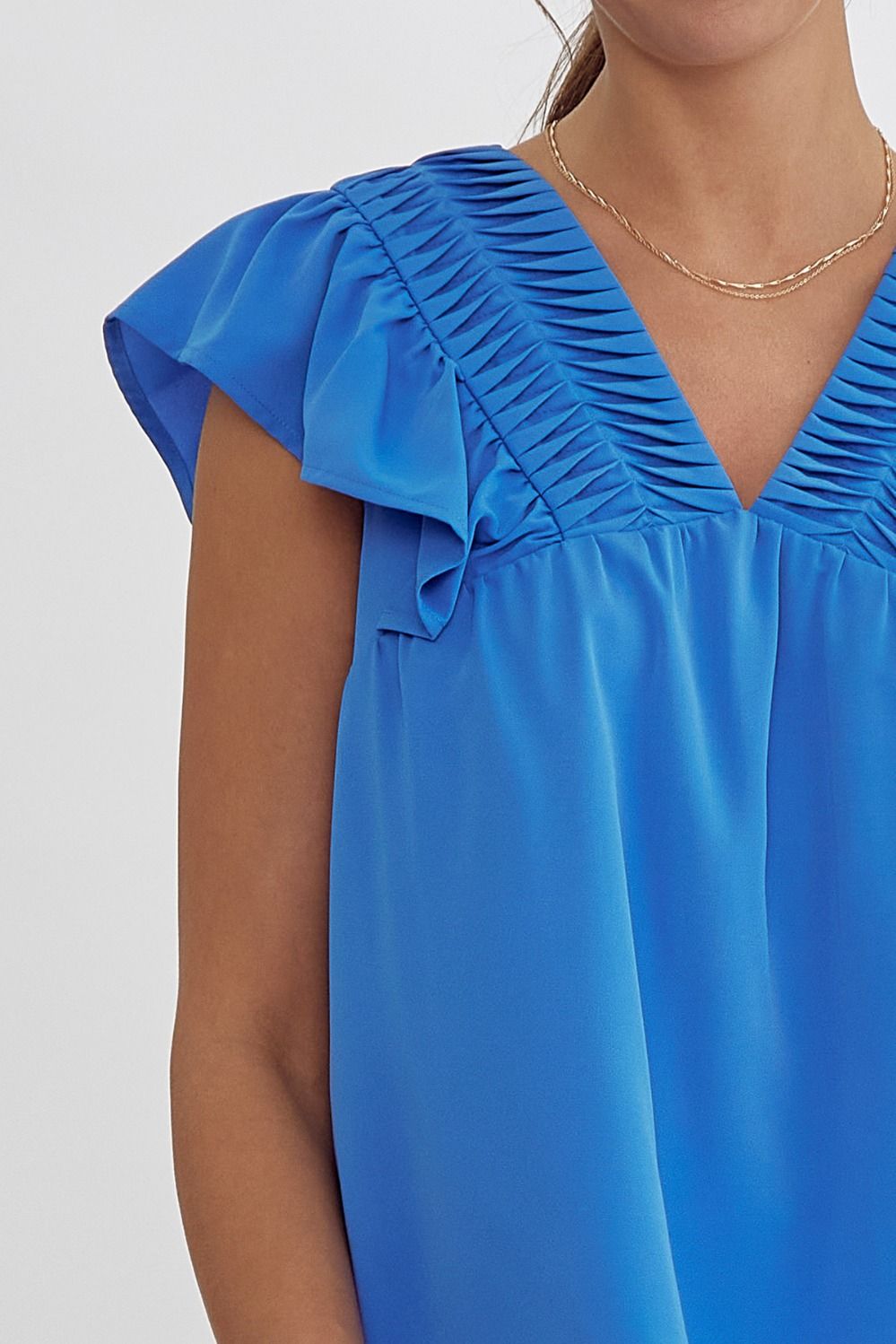 Blue V-Neck Sleeveless Flutter Top