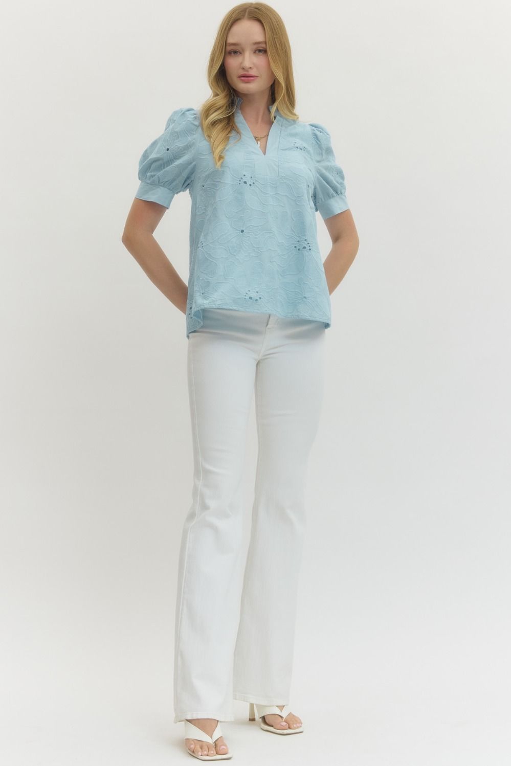 Plus Powder Blue Floral Embroidered Top