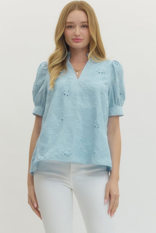 Plus Powder Blue Floral Embroidered Top