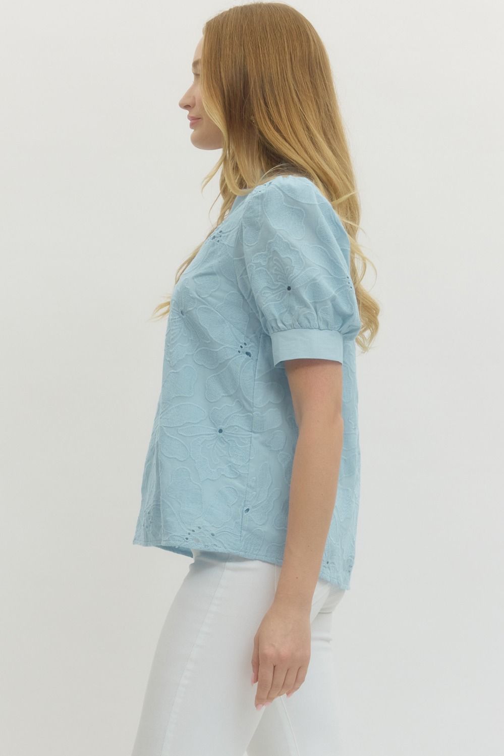 Plus Powder Blue Floral Embroidered Top
