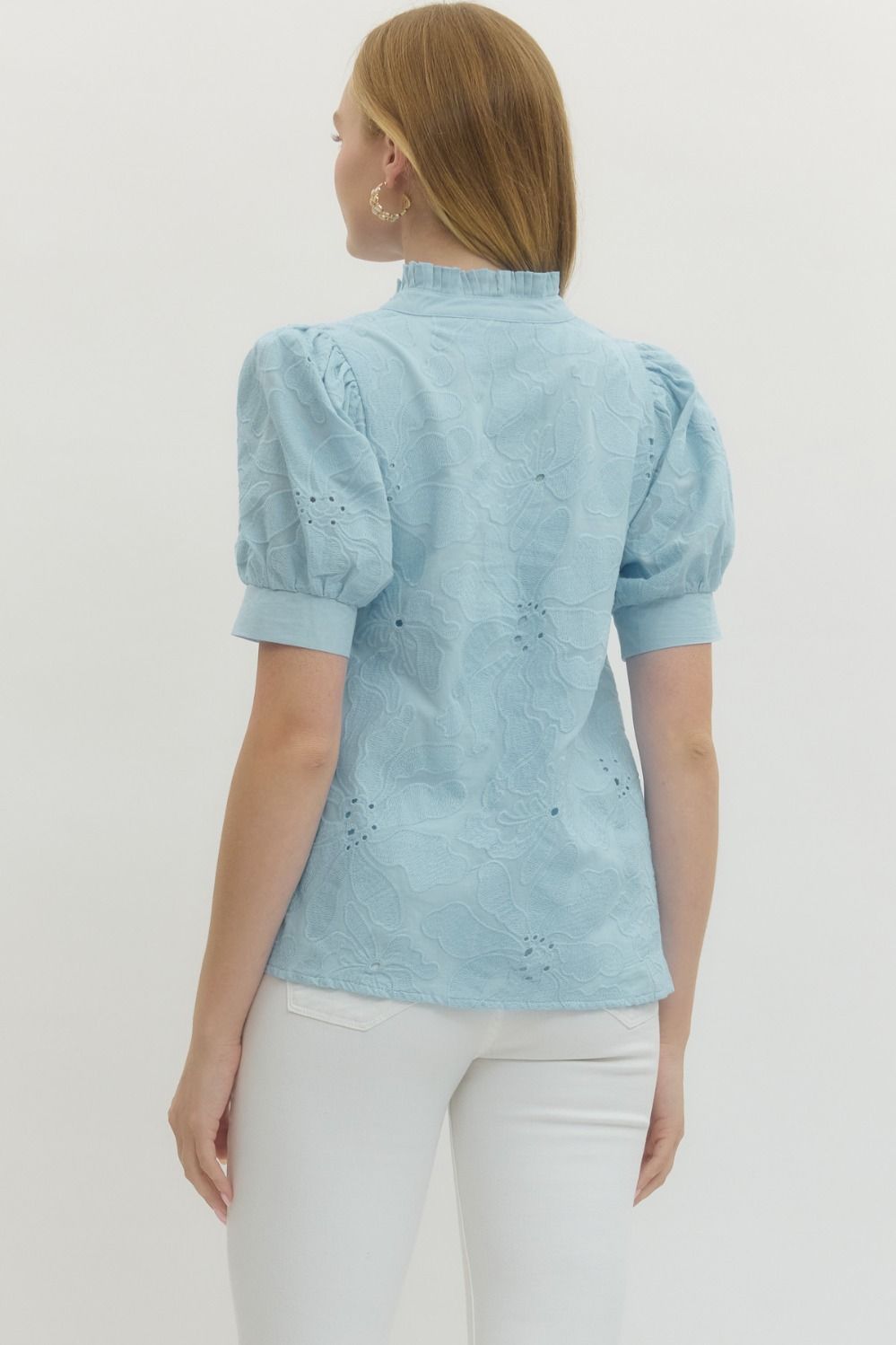 Plus Powder Blue Floral Embroidered Top