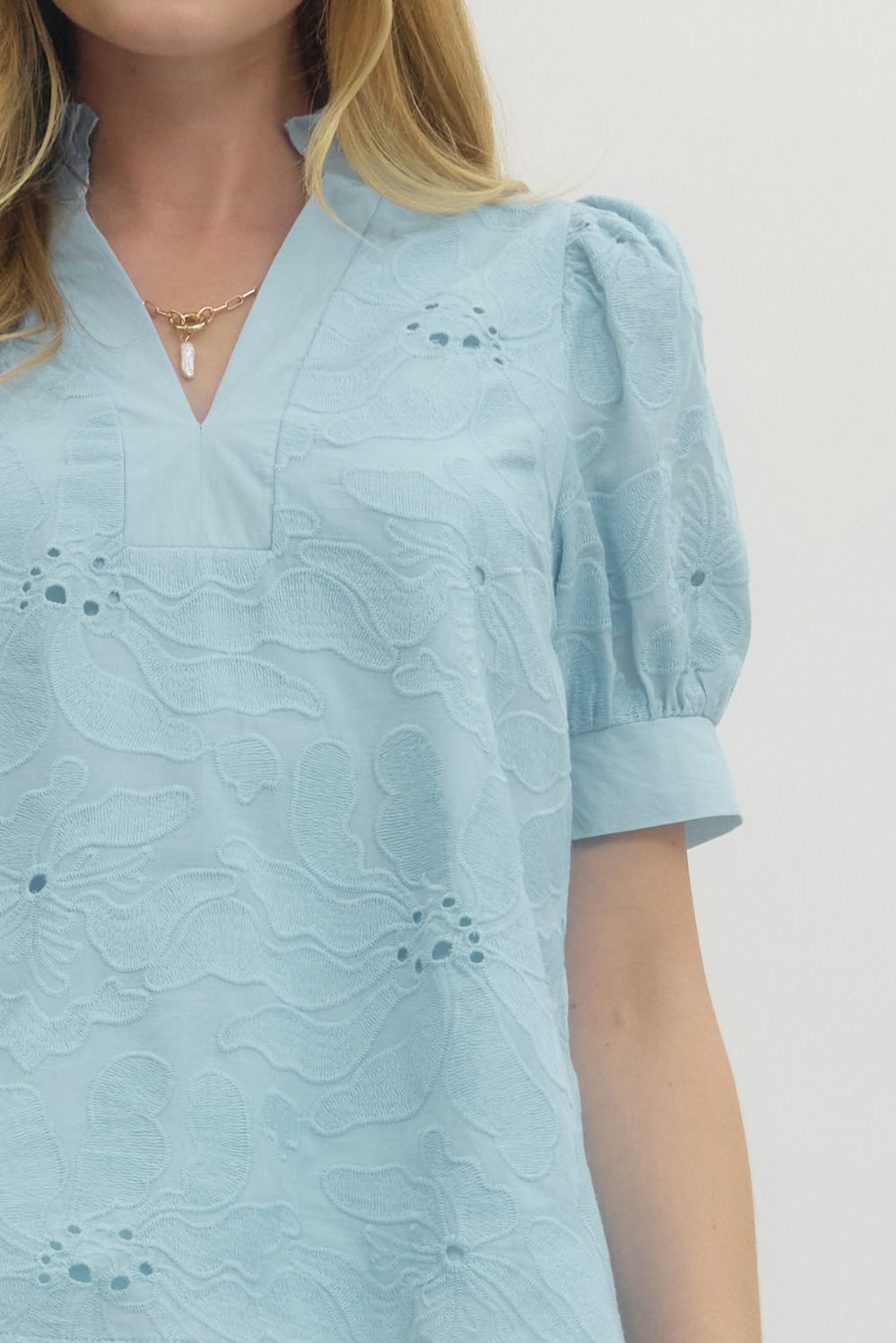 Plus Powder Blue Floral Embroidered Top