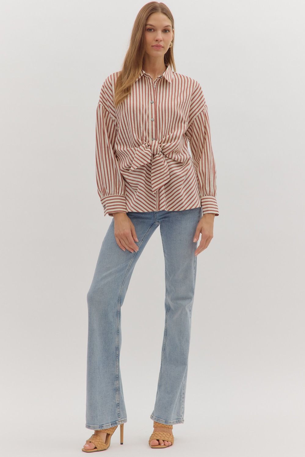 Perfectly striped tie front blouse