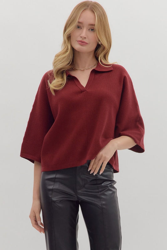 V-Neck Collared Crop Sweater