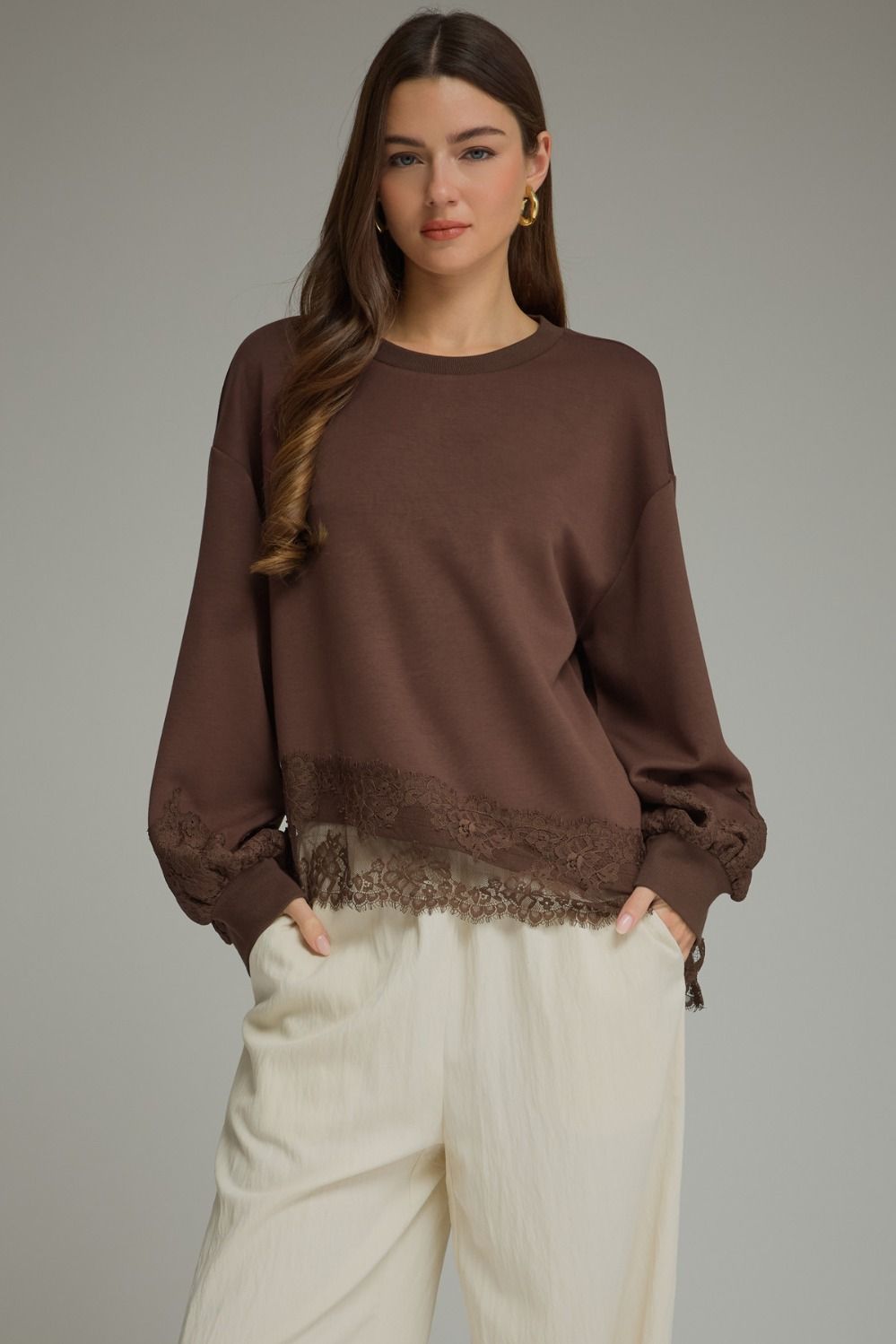 Trendy Long Sleeve Lace Trim Top